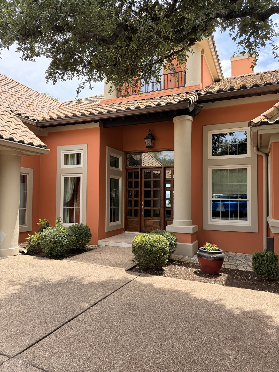 Luxury Mediterranean estate with French pane windows cleaned by Precise Panes in Austin, Texas