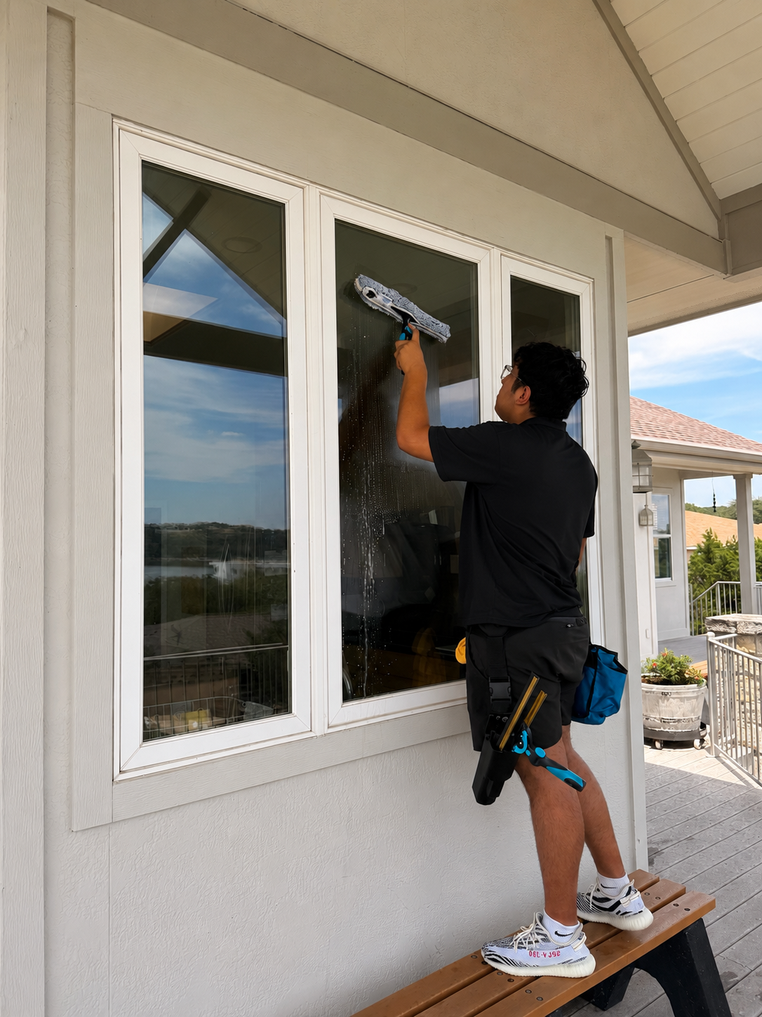 Precise Panes technician hand-cleaning glass with a professional squeegee and BOAB belt on a Lake Travis home
